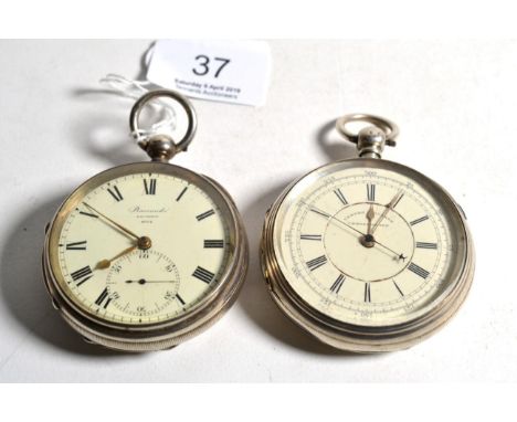 A silver duplex open faced pocket watch, enamel dial signed Barrauds, London and numbered 8074, duplex movement signed Barrau