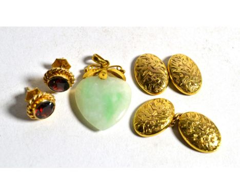 A pair of 9 carat gold cufflinks; a pair of 9 carat gold garnet stud earrings and a jade heart pendant.  Earrings and cufflin