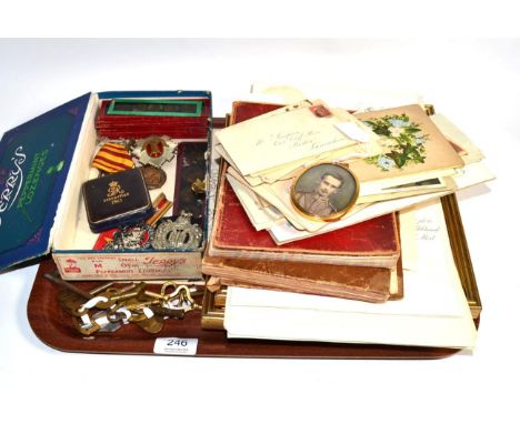 Assorted militaria and other collectables and ephemera, to include a printed portrait miniature in a 9 carat gold mount, insc