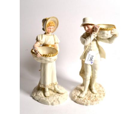 A pair of Royal Worcester figures, lady and gent carrying baskets, model No. 880, 26cm high