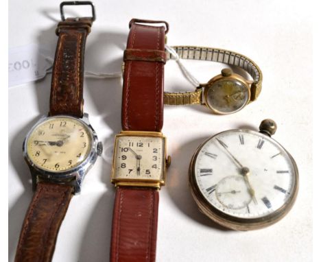 A 14 carat gold cased Cyma wristwatch; another in 9 carat; a silver cased pocket watch and an Ingersoll wristwatch (4)