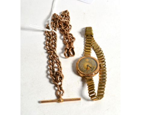 A 9 carat gold watch chain with bar, hallmarked, approximately 41 grams; together with a lady's wristwatch (2)