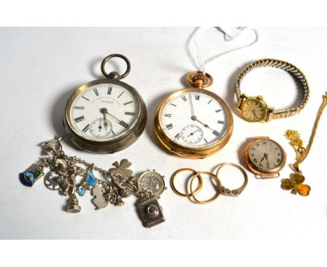 Various gold band rings; a gold plated pocket watch; a silver example; a 9 carat gold wristwatch etc 