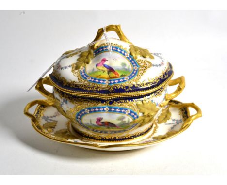 A Victorian Worcester porcelain tureen, cover and stand, dated code for 1878, in the manner of James Giles, hand painted with