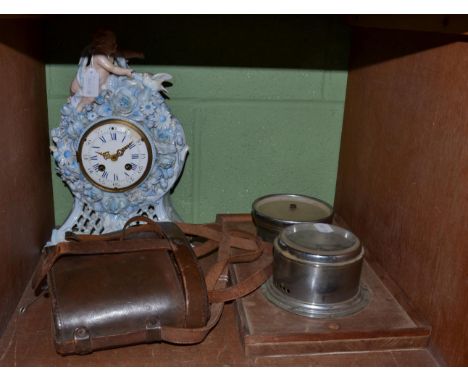 J Hicks, London barometer and celeste yacht alarm in chrome case, cased binoculars and Continental porcelain figural clock (a