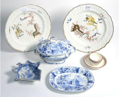 A Wedgwood sauce tureen cover and stand decorated with 'Absolom's Pillar'; an 18th century blue and white pickle dish, possib