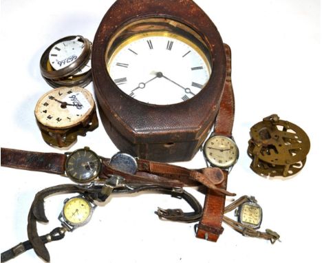 A Brevette clock movement with a collection of 20th century watches and watch parts (qty)