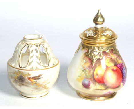 A Royal Worcester fruit study gilt decorated vase, modern, signed C Hughes, black printed mark and numbered 291, 13cm high; a