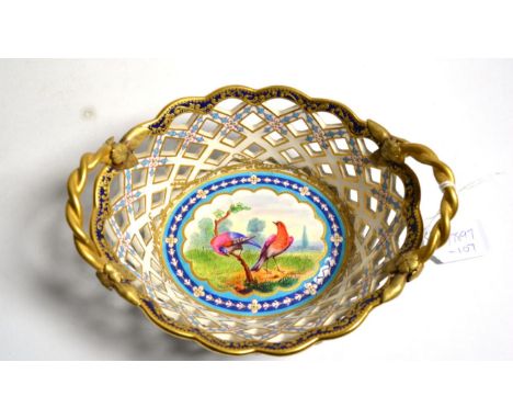 A Victorian Worcester porcelain basket, dated code for 1878, in the manner of James Giles, hand painted with exotic birds wit