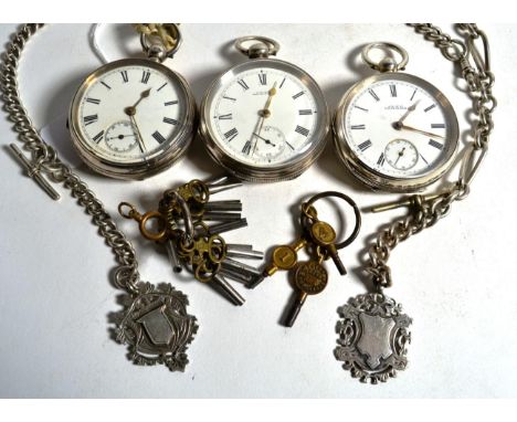 Three silver open faced lever pocket watches, two silver watch chains with attached silver medals and a quantity of pocket wa