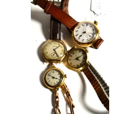 An 18 carat gold Juvenia wristwatch; an 18 carat gold lady's wristwatch; another 18 carat gold wristwatch with enamel dial; a