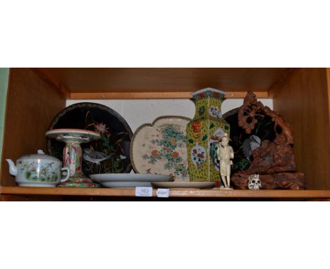 Oriental objects including a pair of cloisonne dishes; a 19th century yellow ground square vase; a satsuma tray and dish; a C