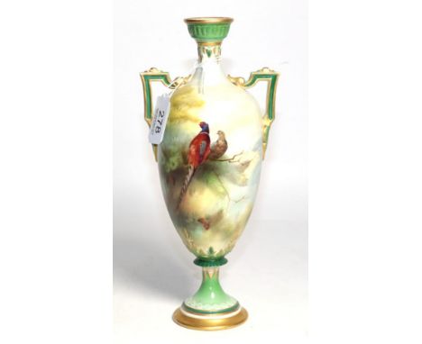 An early 20th century Royal Worcester Hadley ware twin handled vase, hand painted by William E Jarman, scene of pheasants, si