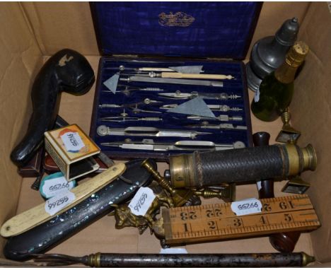 Miscellaneous items including cased geometry set; cased Meerschaum pipe; bull cigar cutter; telescope; enamel patch pot (a.f.