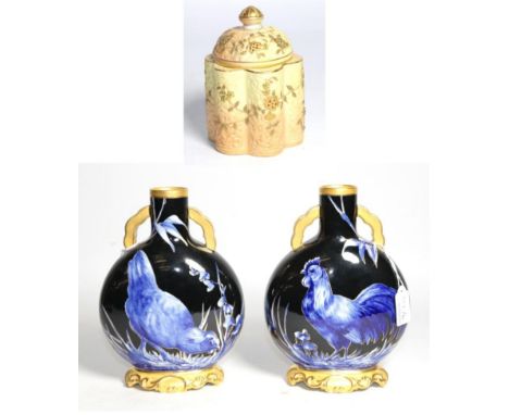 A pair of Royal Worcester blue ground vases, late 19th century, decorated with a cockerel, hen and prunus flowers, with gilde