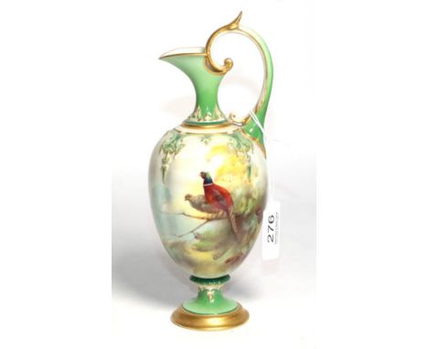 An early 20th century Royal Worcester Hadley ware ewer, hand painted by William E Jarman, scene of pheasants, signed, 20cm hi