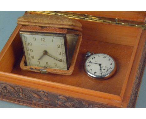 A cigar box, an Oris pocket watch plus an Estyma travelling clock