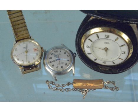 A gold plated Smiths and a military style wristwatch together with a Smiths Empire desk travelling clock