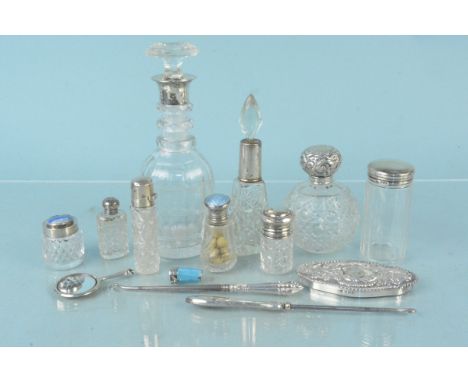 A mixed silver lot, mostly silver lidded glass scent bottles (every item is as found)