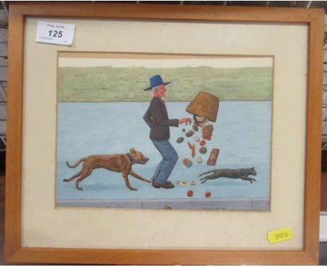 R Warner, watercolour, dog chasing a cat, 7ins x&nbsp; 9ins&nbsp;