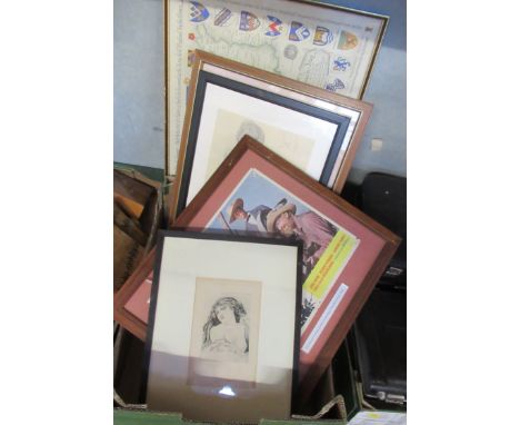 A collection of pictures to include Picasso print, etching of a girl. map, frames a poster of The Alamo Film etc&nbsp;