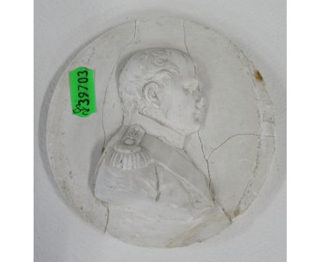 A circular plaster plaque, relief molded with a portrait of Nelson, af, diameter 4.25ins