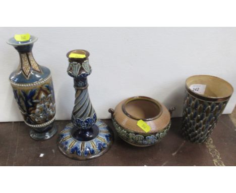 Four pieces of Doulton Lambeth, to include candlestick, vase&nbsp;