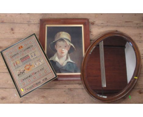 An oval oak framed wall mirror, a tapestry and a print
