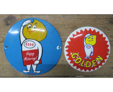 Two circular Esso enamelled signs, Happy Motoring and Golden, diameter 6ins and 4.75ins