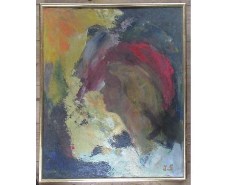 J S, oil on canvas, portrait of a woman in a red hat