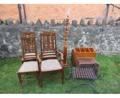 A set of four Arts and crafts style  dining chairs (3+1) together with a standard lamp, box, trunk and metal stool 