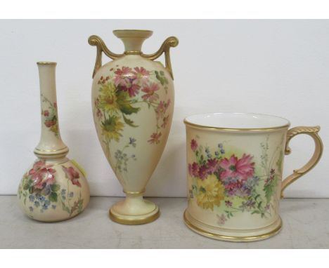 A Royal Worcester blush ivory tankard, decorated with floral sprays, together with two Royal Worcester blush ivory vases, sha