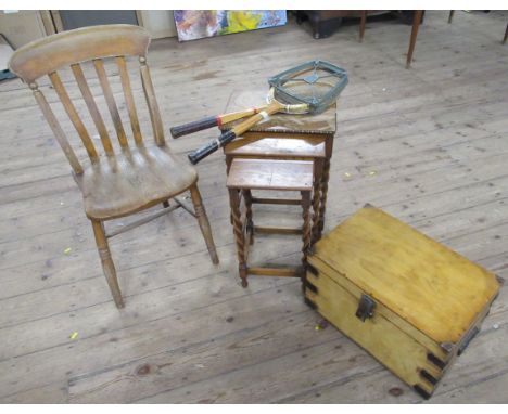 A collection of furniture, to include a chair, box, nest of tables and two vintage rackets