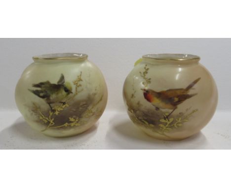 Two Royal Worcester blush ivory vases, decorated with birds and gilt foliage, shape number G161, height 2.75ins