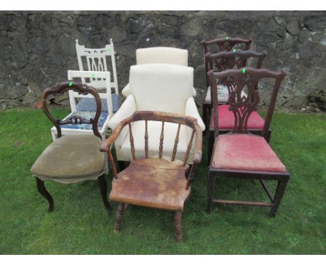 A collection of chairs to include 3 Chippendale design chairs, a couple of upholstered arm chairs, tub chair etc&nbsp;