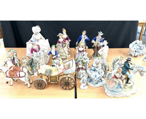 Large selection of vintage porcelain lady and gent figures and a musical carriage figure  tallest measures approx 13 inches t