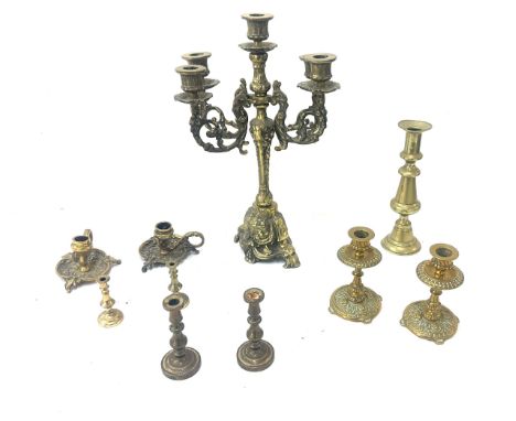 Selection of vintage brass candle sticks tallest measures approx 14 inches tall 
