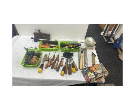 Selection of chisels, woodworking hand tools 