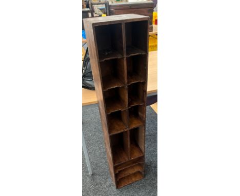 Vintage oak pigeon hole storage unit measures approx 46 inches tall by 10 inches wide 