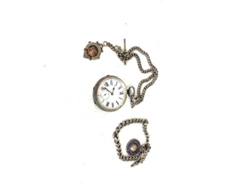 Vintage silver pocket watch, albert chains and silver fobs 