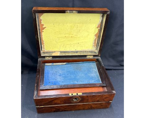 Antique tea caddy in need of restoration measures approximately 6 inches tall 12 inches wide 8.5 inches depth 