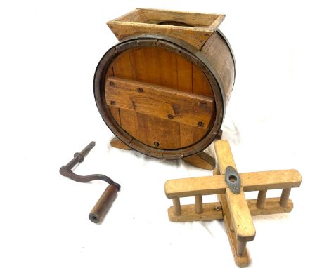 Vintage wooden Albert Challenger wine Churn, approximate height 16 inches, Width 13 inches, has sustained woodworm 