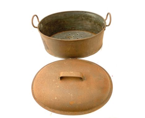 Steel vintage 2 handled lidded oval pot, approximate measurements: Width 21 inches, Height 12 inches 