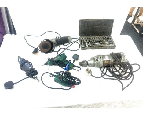 Selection of assorted tools includes engraving tools Titan grinder, socket set, wolf drill etc 