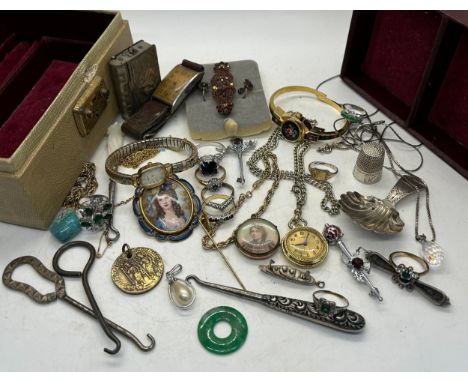 Box of Vintage Costumr Jewellery to Include 9ct Gold &amp; Silver Thimble, Brooches, Watches, Georgian Silver Caddy, Spoon et