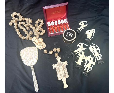 Selection of miscellaneous to include dressing table mirrors, religious our lady, set of enamel spoons etc 