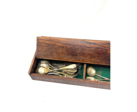 Vintage wooden cutlery box and a selection of assorted cutlery 