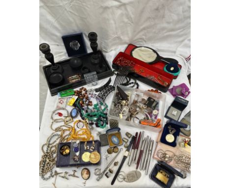 Crate of Costume Jewellery, Parker Pen, Badges, Watches, Ronson Lighter, Wedgewood Brooches etc Larger Quantity 