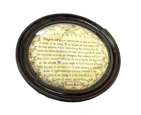 Antique oval framed 1793 tapestry measures approx 14 inches wide by 13 inches long 