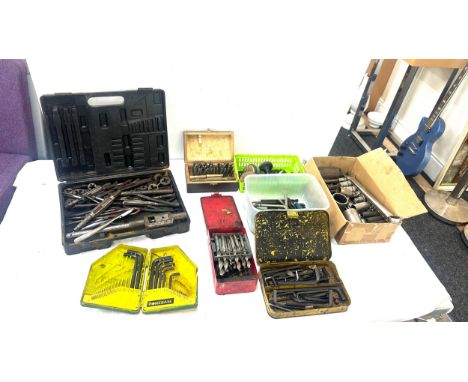 Selection of assorted tools includes alan keys, drill bits, tap and dye sets, assorted Snap on sockets etc 